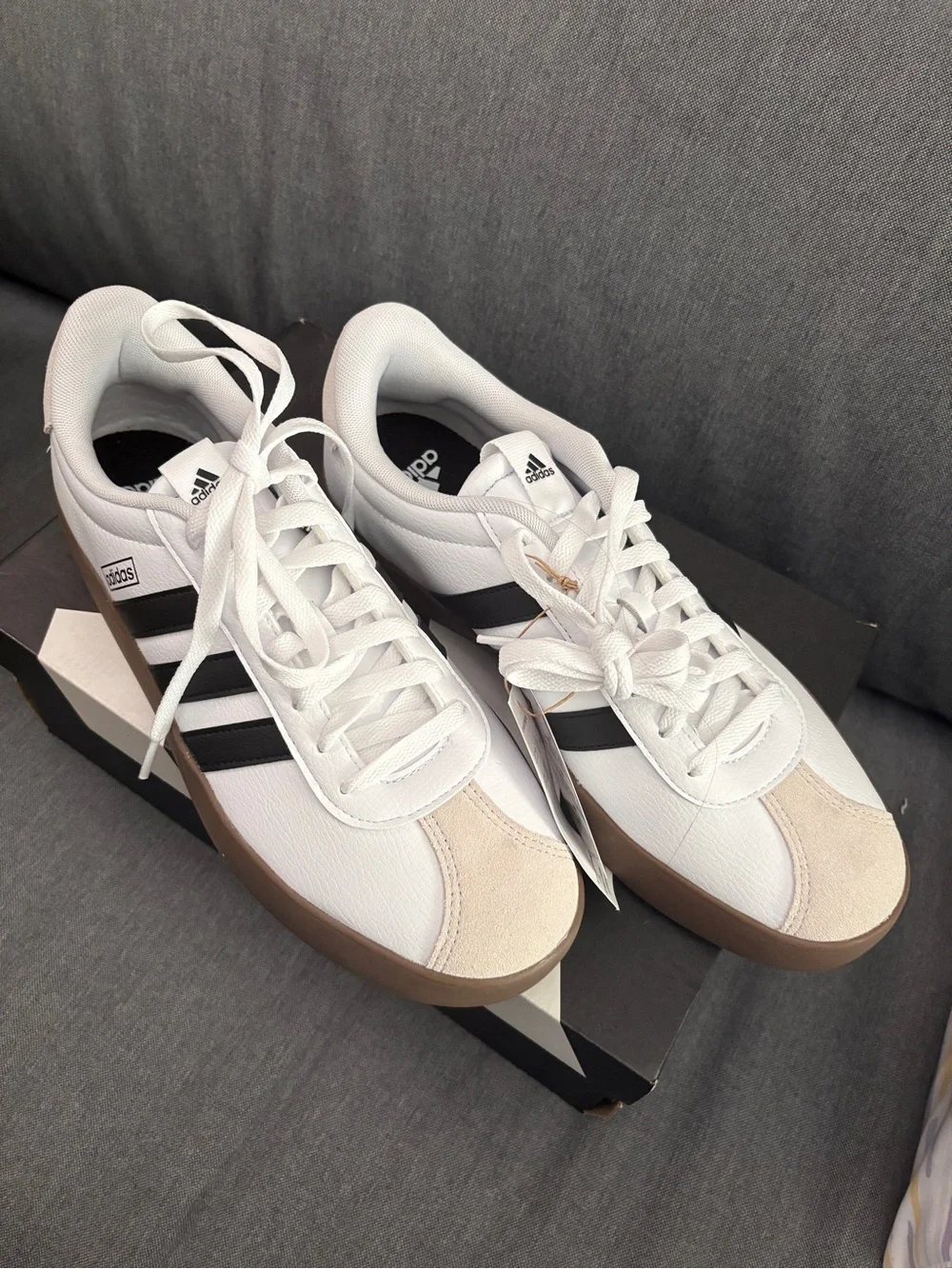 adidas VL Court 3.0 White Sneakers with Black Stripes and Brown Gum Sole